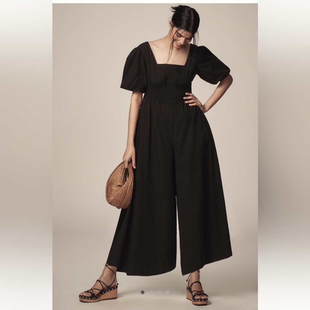 Anthropologie Maeve Puff-Sleeve Smocked Culotte Jumpsuit- Black Sz XS Tall